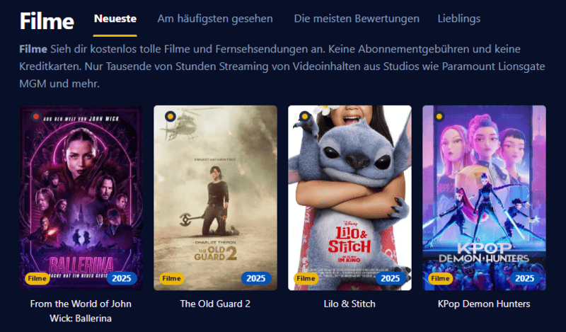 Bildschirmaufnahme der Benutzeroberflaeche von Einschalten die eine moderne Streaming Plattform mit Filmen und Serien anzeigt